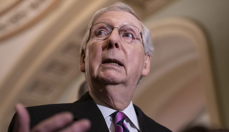 Senate Majority Leader Mitch McConnell, R-Ky., speaks to reporters after a closed-door GOP meeting.