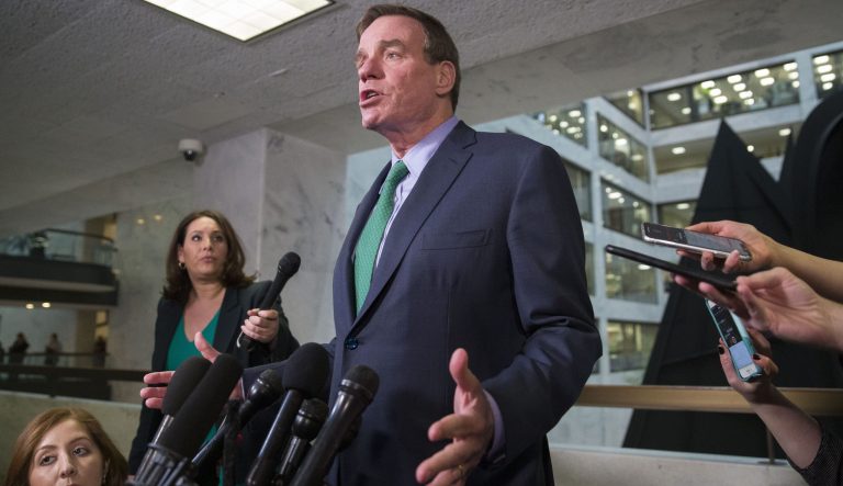 Sen. Mark Warner, D-Va., speaks after hearing some of the testimony from Michael Cohen, President Donald Trump's former lawyer, before a closed door hearing of the Senate Intelligence Committee on Capitol Hill, Tuesday, Feb. 26, 2019, in Washington. 