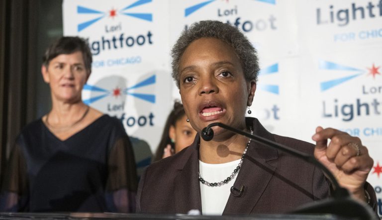 Chicago Mayoral candidate Lori Lightfoot addresses the crowd at her election night party as she leads in the polls, Tuesday, Feb. 26, 2019, in Chicago. 