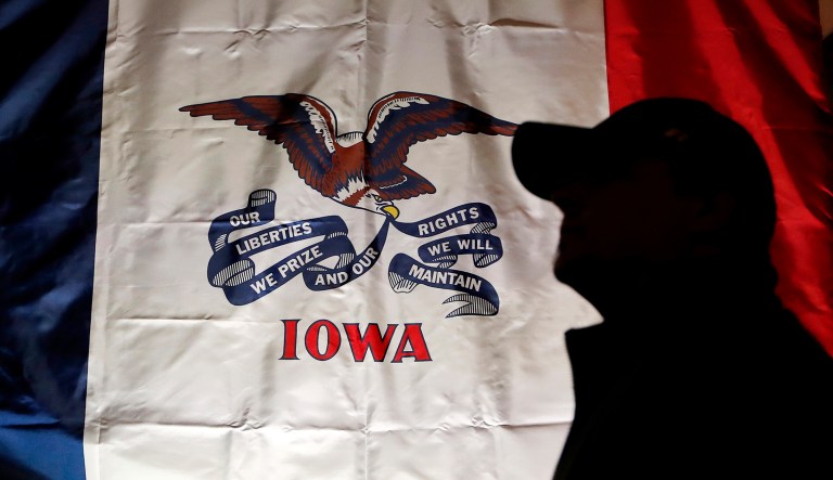 An audience member arrives at a Democratic campaign rally at the University of Iowa in Iowa City, Iowa. 