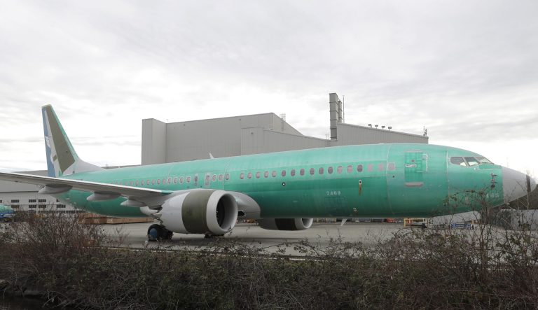 A Boeing 737 MAX 8 being built for Oman Air sits parked at Boeing Co.'s Renton Assembly Plant, Monday, March 11, 2019, in Renton, Wash. 