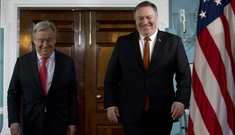 Secretary of State Mike Pompeo accompanied by United Nations Secretary General Antonio Guterres walks to meet the media before a private meeting at the Department of State in Washington, Wednesday, March 13, 2019. 