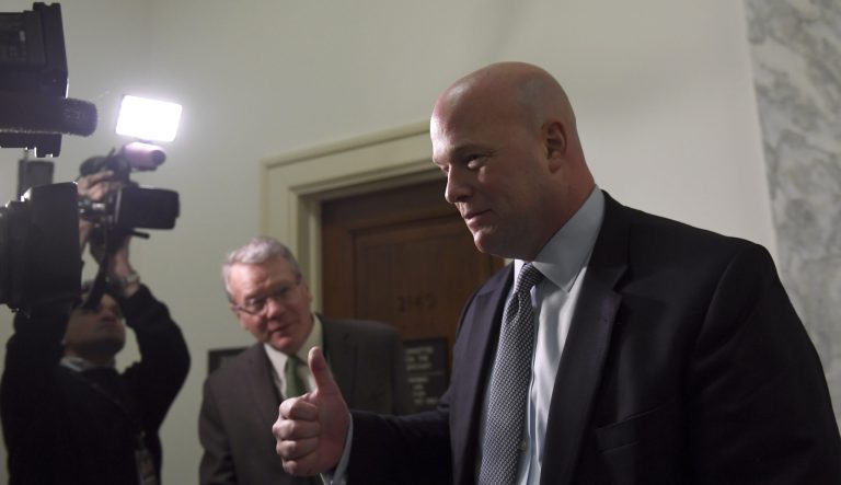 Former Acting Attorney General Matthew Whitaker arrives for a meeting with the House Judiciary Committee on Capitol Hill in Washington, Wednesday, March 13, 2019. 