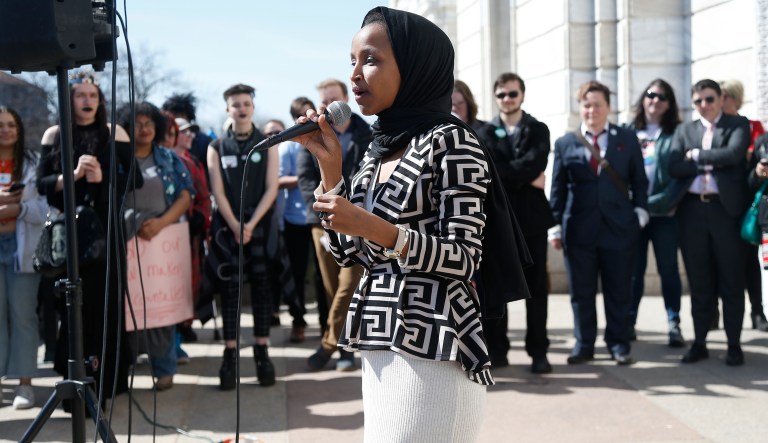 U.S. Rep Ilhan Omar, D-Minn., speaks to support LGBTQ and allied high school students from across the state of Minnesota who marched to the State Capitol steps Thursday, March 21, 2019 in St. Paul, Minn. to urge lawmakers to protect LGBTQ Minnesotans and youth from the effects of so-called conversion "therapy."