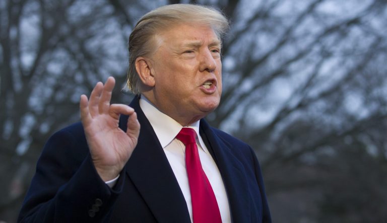 President Donald Trump speaks with the media after stepping off Marine One on the South Lawn of the White House, Sunday, March 24, 2019, in Washington. 