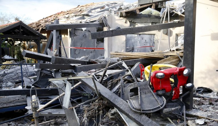 A house lies in ruins after being hit by a rocket in Mishmeret, central Israel, Monday, March 25, 2019. An early morning rocket from the Gaza Strip struck a house in central Israel on Monday, wounding six people, including one moderately, an Israeli rescue service said, in an eruption of violence that could set off another round of violence shortly before the Israeli election. 