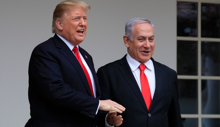 President Donald Trump welcomes visiting Israeli Prime Minister Benjamin Netanyahu to the White House in Washington, Monday, March 25, 2019.