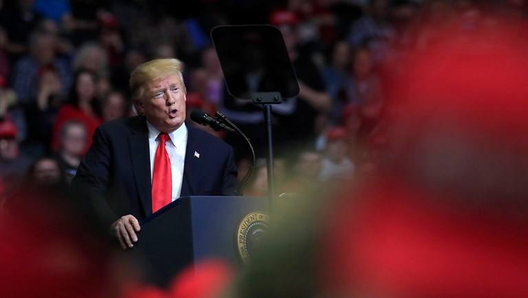 President Trump speaks at a campaign rally in Grand Rapids, Mich.