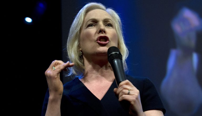 Democratic presidential candidate Sen. Kirsten Gillibrand, D-N.Y., speaks during the We the People Membership Summit, featuring the 2020 Democratic presidential candidates, at the Warner Theater, in Washington, Monday, April 1, 2019. 