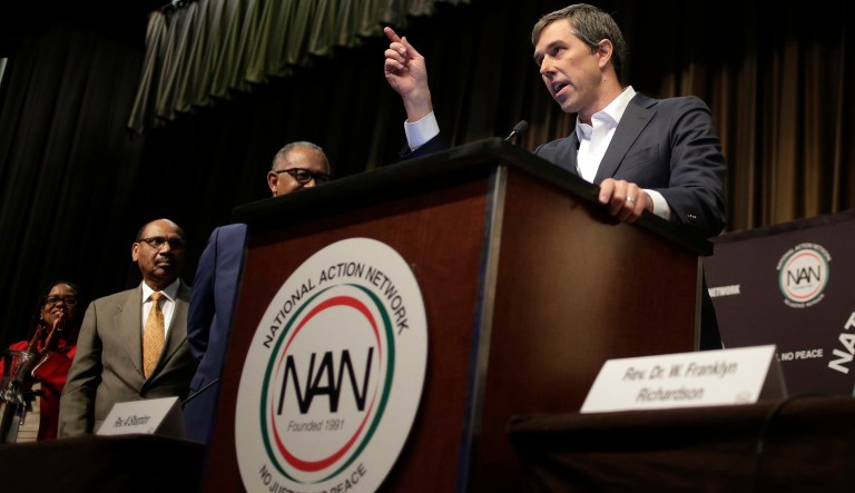 Democratic presidential candidate and former Texas congressman Beto O'Rourke speaks during the National Action Network Convention in New York, Wednesday, April 3, 2019.