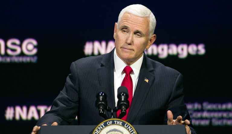 Vice President Mike Pence addresses the Atlantic Council's NATO Engages The Alliance at 70 conference, in Washington, Wednesday, April 3, 2019. 