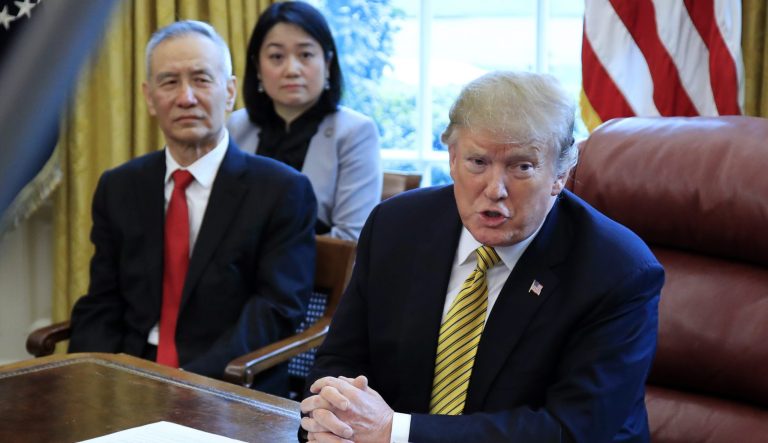 President Donald Trump speaks to reporters during a meeting with China's Vice Premier Liu He in the Oval Office of the White House in Washington, Thursday, April 4, 2019. 