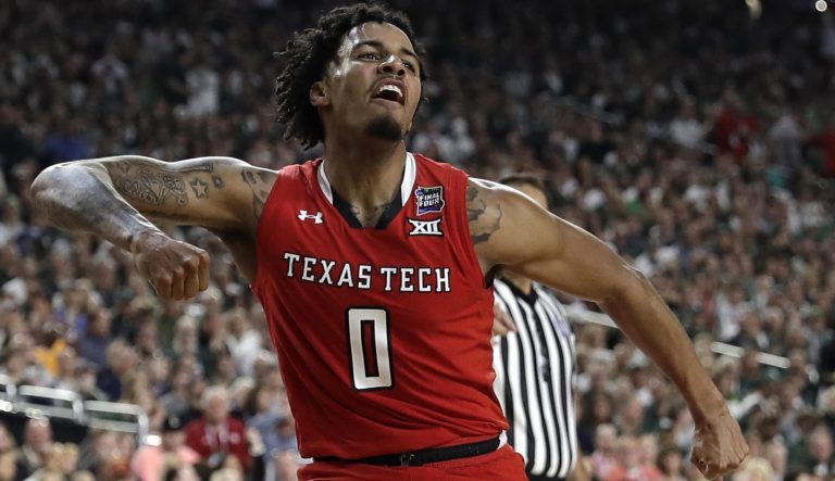 Texas Tech guard Kyler Edwards celebrates during the second half against Michigan State in the semifinals of the Final Four NCAA college basketball tournament, Saturday, April 6, 2019, in Minneapolis. 