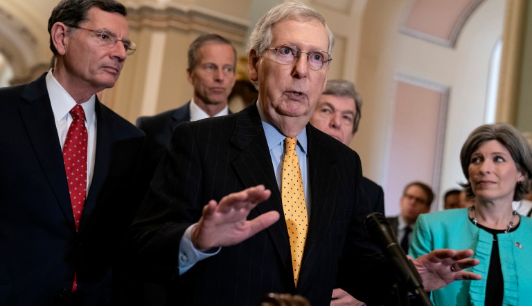 Senate Majority Leader Mitch McConnell, R-Ky., joined from left by Sen. John Barrasso, R-Wyo., Majority Whip John Thune, R-S.D., Sen. Roy Blunt, R-Mo., and Sen. Joni Ernst, R-Iowa, speaks to reporters at the Capitol in Washington, Tuesday, April 9, 2019.
