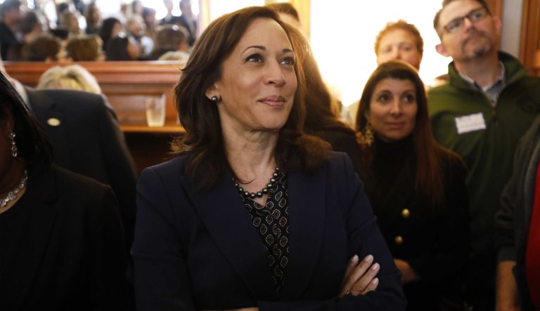2020 Democratic presidential candidate Sen. Kamala Harris waits to speak at a house party, Thursday, April 11, 2019, in Des Moines, Iowa. 