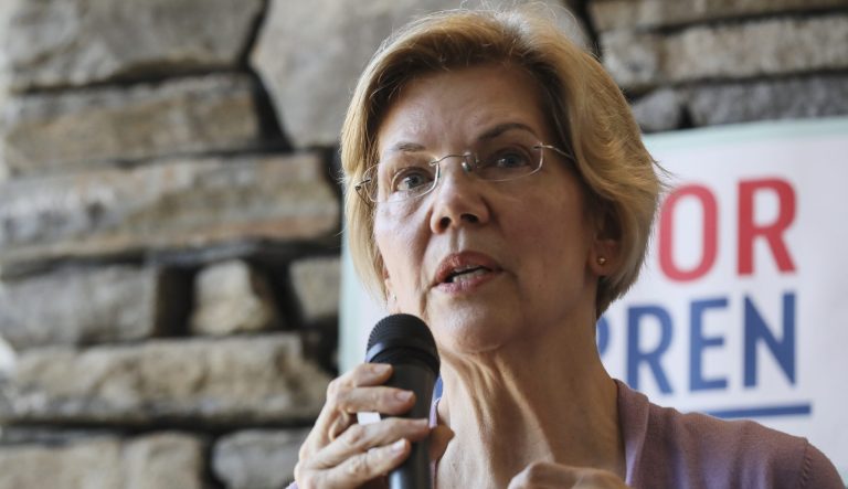 Sen. Elizabeth Warren D-Mass., speaks at Ann Garland's house party in Lebanon, N.H. Saturday, April 13, 2019.