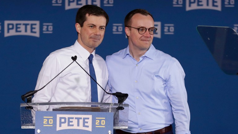 Pete Buttigieg is joined by his husband Chasten Glezman before he announced that he will seek the Democratic presidential nomination.