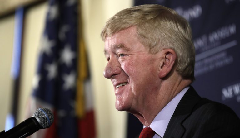 In this Friday, Feb. 15, 2019 photo, former Massachusetts Gov. William Weld speaks during a New England Council "Politics & Eggs" breakfast in Bedford, N.H. 