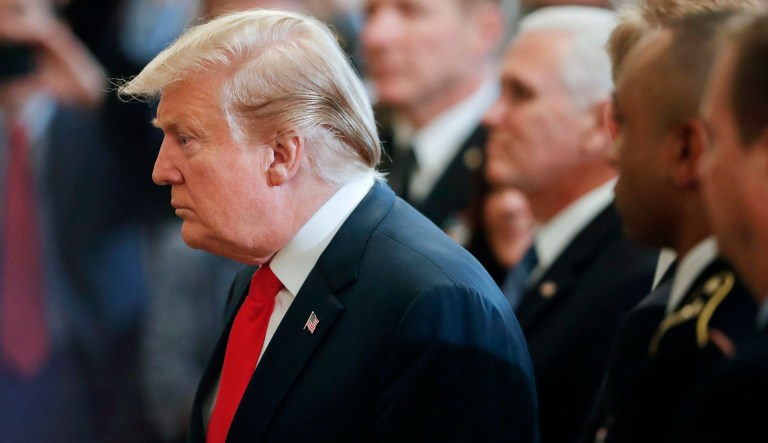 President Donald Trump arrives to begin speaking at a Wounded Warrior Project Soldier Ride event in the East Room of the White House, Thursday, April 18, 2019, in Washington. 