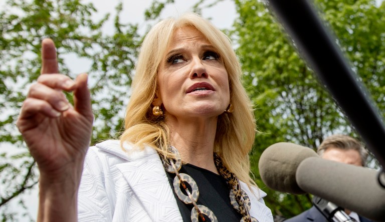 Counselor to the President Kellyanne Conway speaks to members of the media outside the West Wing on the North Lawn of the White House in D.C.