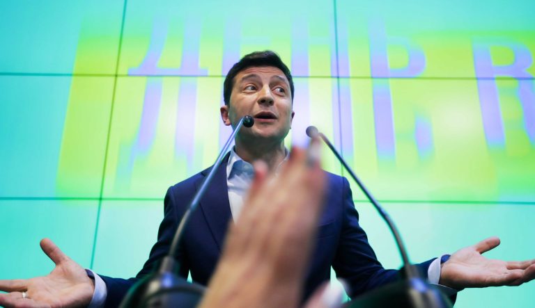 Ukrainian comedian and presidential candidate Volodymyr Zelenskiy speaks to the media at his headquarters after the second round of presidential elections in Kiev, Ukraine, Sunday, April 21, 2019.