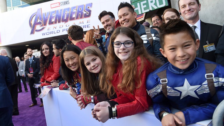Fans dressed as Marvel characters are seen during the premiere of "Avengers: Endgame."