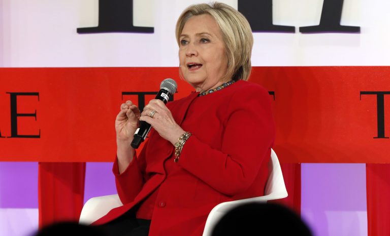 Hillary Clinton speaks during the TIME 100 Summit, in New York, Tuesday, April 23, 2019. 