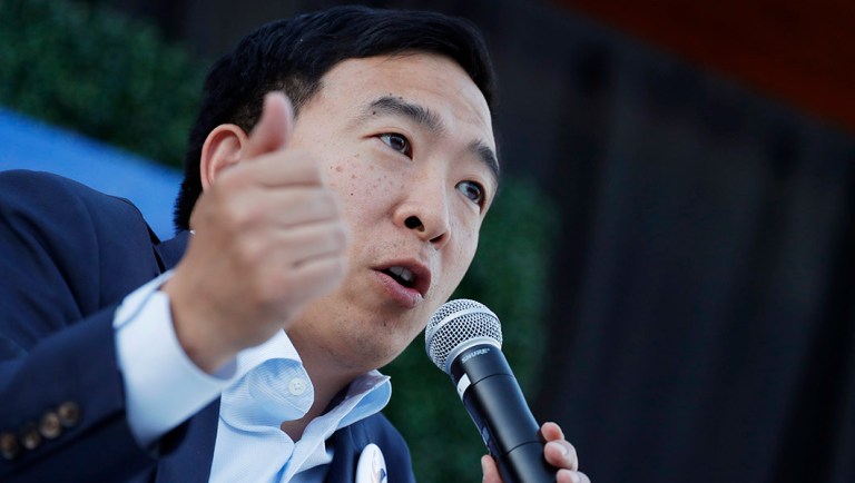 Presidential candidate and entrepreneur Andrew Yang speaks at a campaign event.
