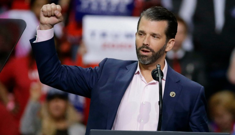 Donald Trump Jr. speaks ahead of his father President Donald Trump at a Make America Great Again rally Saturday, April 27, 2019, in Green Bay, Wis.