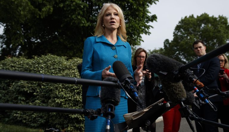 White House counselor Kellyanne Conway talks with reporters outside the White House, Tuesday, April 30, 2019, in Washington. 