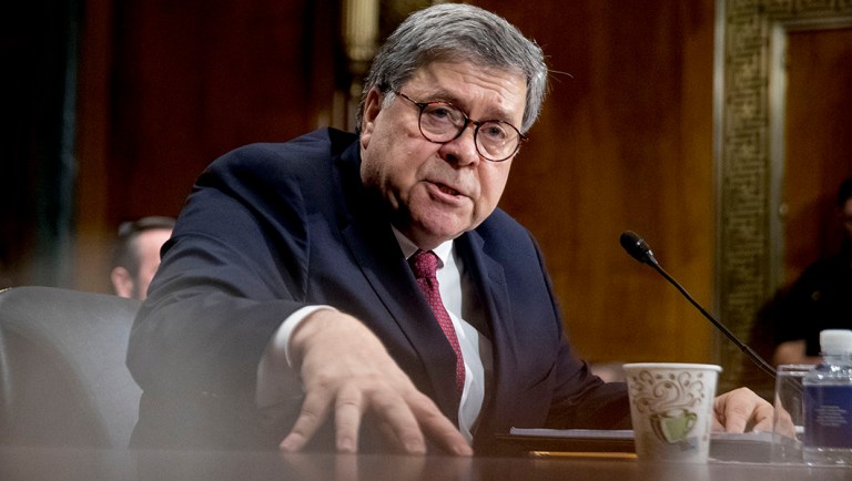 Attorney General William Barr testifies during a Senate Judiciary Committee hearing.