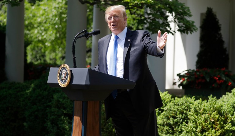 President Donald Trump speaks during a National Day of Prayer event in the Rose Garden of the White House, Thursday May 2, 2019, in Washington.