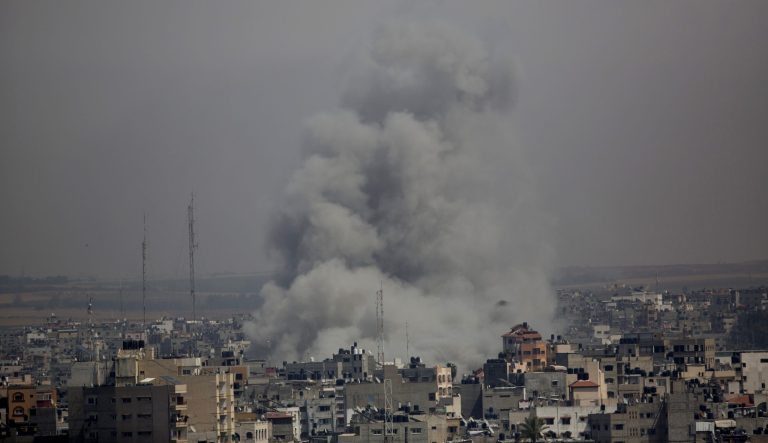 Smoke rises from an explosion after an Israeli airstrike in Gaza City, Sunday, May 5, 2019. The Israeli military said Sunday it had responded to 450 rockets fired from Gaza with over 250 airstrikes against the besieged Palestinian enclave. 