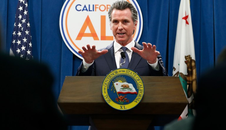 Gov. Gavin Newsom discusses his revised 2019-2020 state budget during a news conference Thursday, May 9, 2019, in Sacramento, Calif. Newsom, a Democrat, has proposed a $213.5 billion a spending plan.
