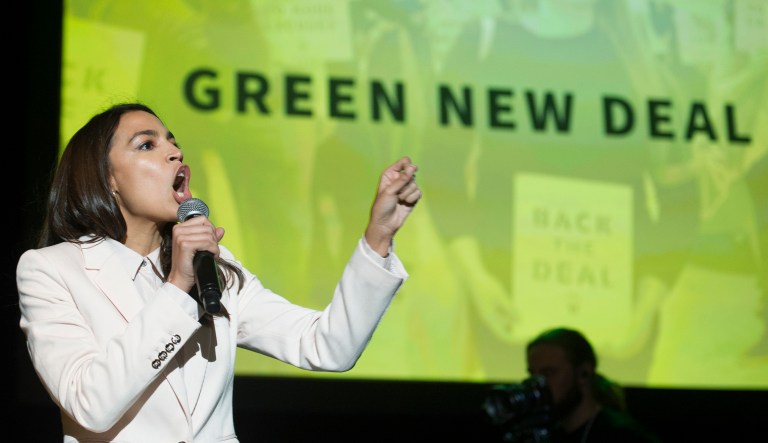 Rep. Alexandra Ocasio-Cortez, D-N.Y., addresses The Road to the Green New Deal Tour final event at Howard University in Washington, Monday, May 13, 2019.