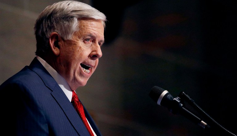 FILE - In this Jan. 16, 2019, file photo, Missouri Gov. Mike Parson delivers his State of the State address in Jefferson City, Mo. Missouri's Republican-led Legislature has passed a sweeping bill to ban abortions at eight weeks of pregnancy, and Republican Gov. Parson is expected to sign it. The House approved the measure Friday May 17, 2019.