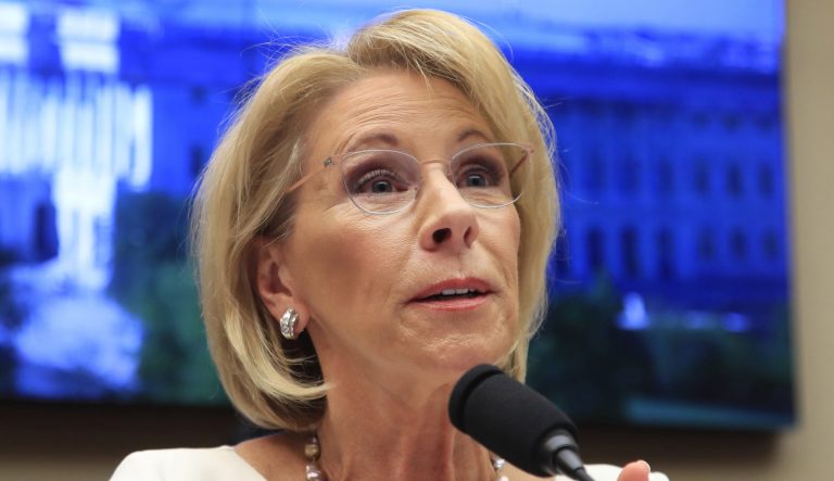 In this April 10, 2019 photo, Education Secretary Betsy DeVos testifies on Capitol Hill in Washington.