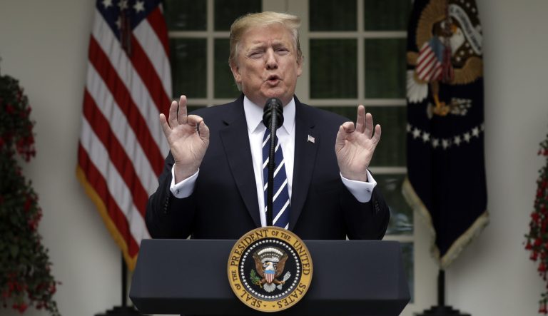 President Donald Trump speaks in the Rose Garden, Wednesday, May 22, 2019, in Washington. 