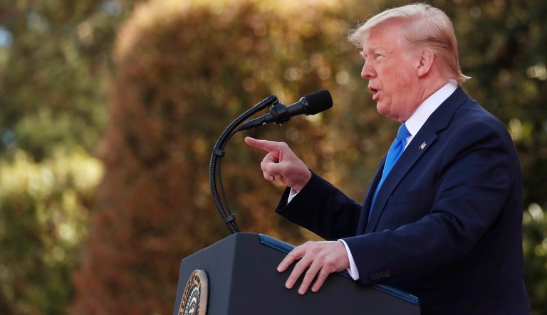 U.S President Donald Trump delivers a speech during a ceremony to mark the 75th anniversary of D-Day at the Normandy American Cemetery in Colleville-sur-Mer, Normandy, France, Thursday, June 6, 2019.