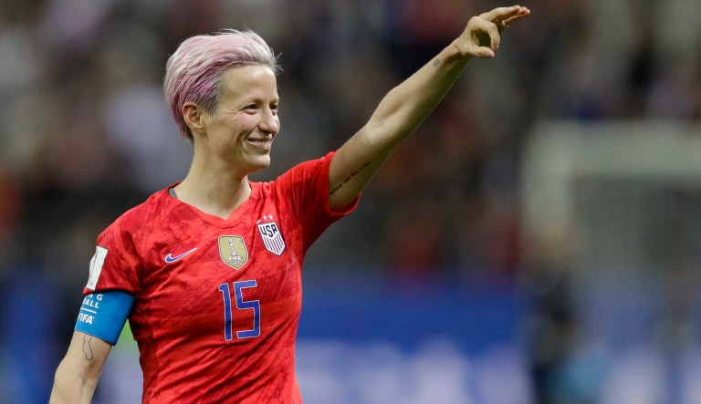 United States' Megan Rapinoe celebrates after the Women's World Cup Group F soccer match between United States and Thailand at the Stade Auguste-Delaune in Reims, France, Tuesday, June 11, 2019. The United States defeated Thailand by 13-0. 