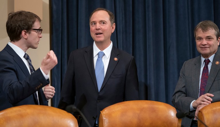 House Intelligence Committee Chairman Adam Schiff, D-Calif., center, joined at right by Rep. Mike Quigley, D-Ill., opens a hearing on politically motivated fake videos and manipulated media, on Capitol Hill in Washington, Thursday, June 13, 2019.