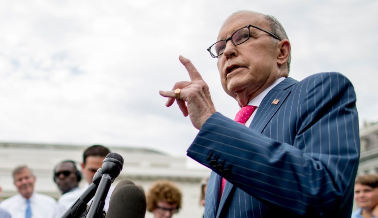 White House chief economic adviser Larry Kudlow speaks to reporters at the White House in Washington.