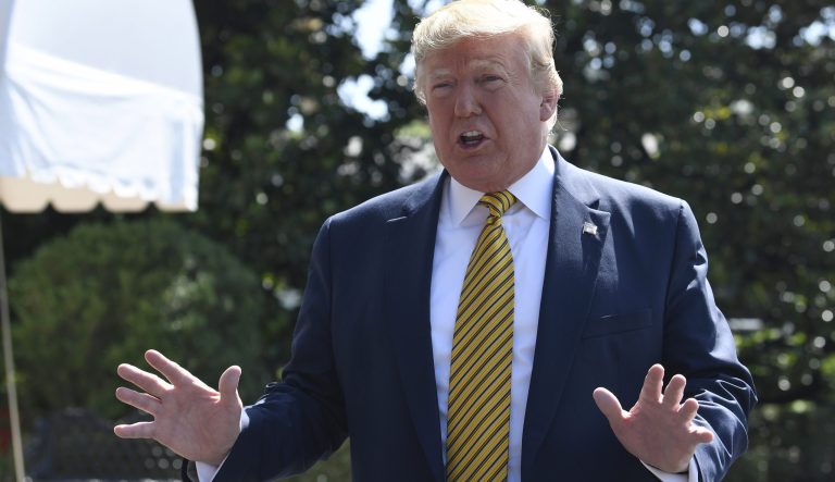 President Donald Trump speaks to reporters on the South Lawn of the White House in Washington, Saturday, June 22, 2019, before boarding Marine One for the trip to Camp David in Maryland.
