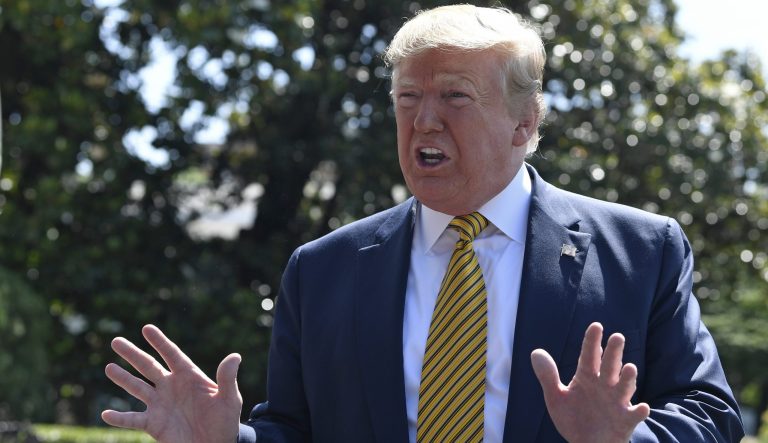 President Donald Trump speaks to reporters on the South Lawn of the White House in Washington, Saturday, June 22, 2019, before boarding Marine One for the trip to Camp David in Maryland. 
