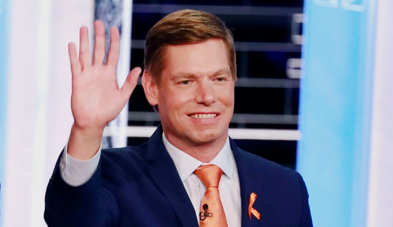 Rep. Eric Swalwell, D-Calif., appears at the first presidential primary debate for the 2020 elections in Miami.