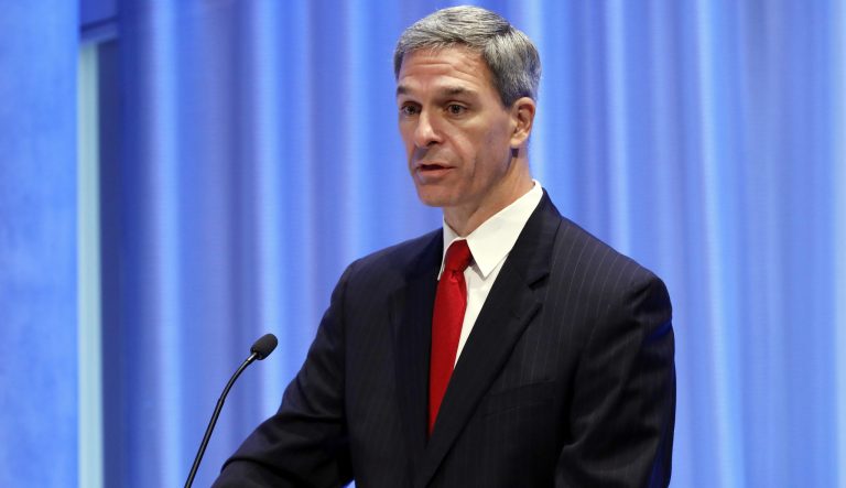 USCIS Acting Director Ken Cuccinelli delivers his remarks during a naturalization ceremony at the 9/11 Memorial & Museum, in New York, Tuesday, July 2, 2019. 