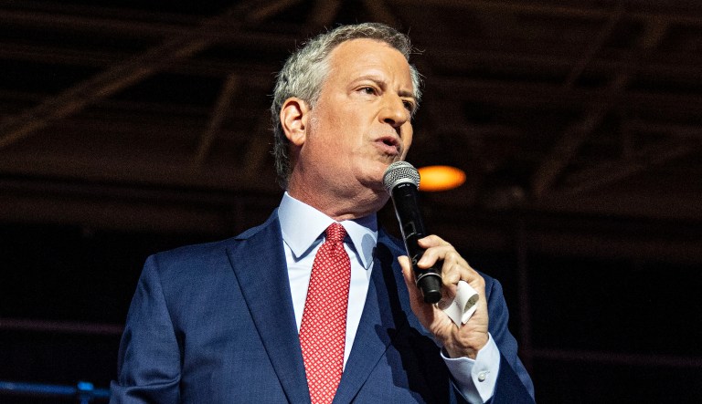 Democratic presidential candidate New York City Mayor Bill de Blasio speaks.