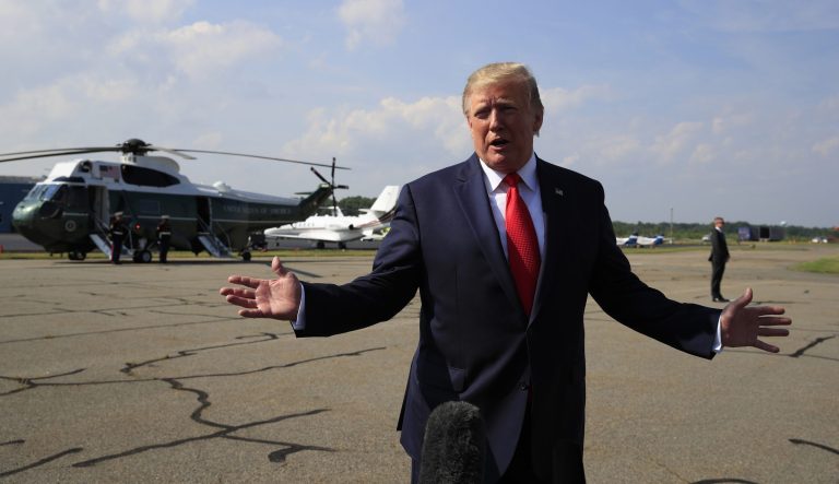 President Donald Trump speaks at Morristown Municipal Airport in Morristown, N.J., on his way returning back to the White House, Sunday, July 7, 2019. 