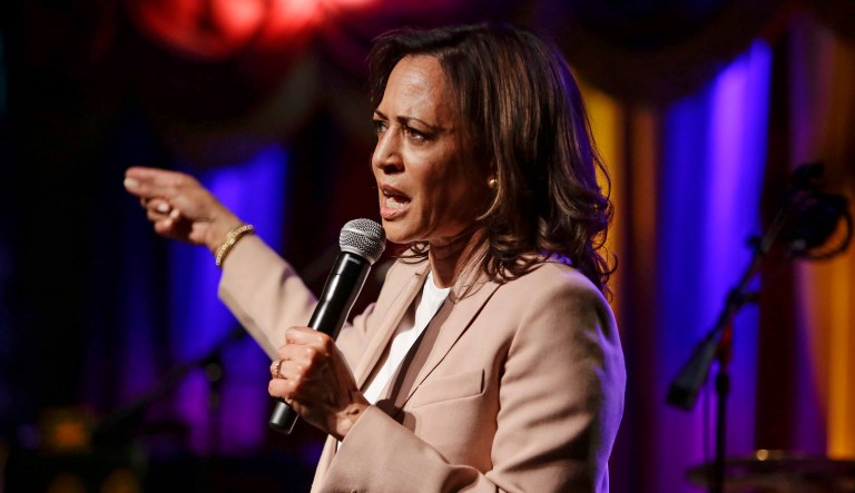 Democratic presidential candidate, Sen. Kamala Harris speaks.