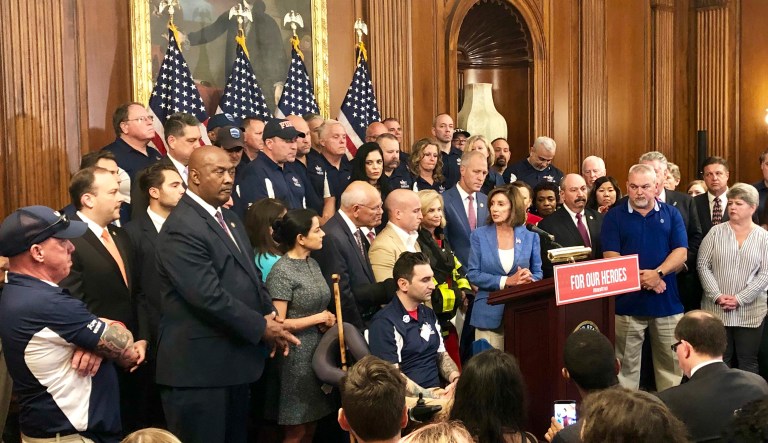 House Speaker Nancy Pelosi speaks at a news conference on behalf of 9/11 victims and families.